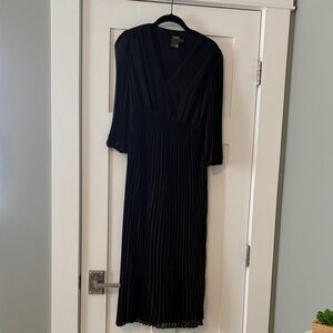 Taylor Black Pleated Midi Dress with 3/4 Length Sheer Pleated Sleeves